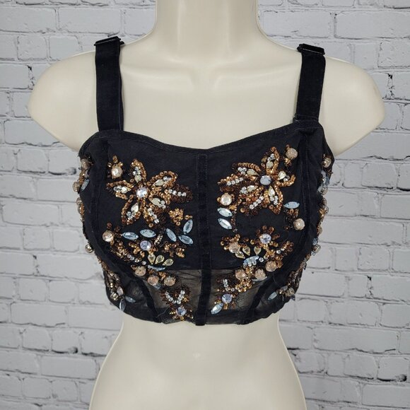 Intimately Free People Black Rhinestone Sequin Mesh Crop Top Bustier Size XS - Picture 1 of 11